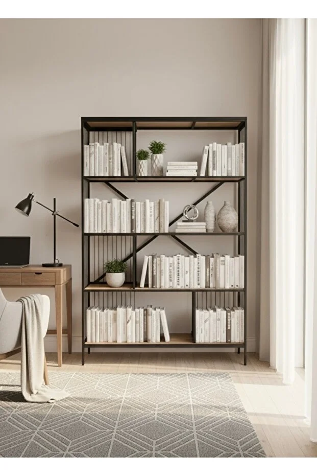 Dekoratif Lüx 5 Raflı Kitaplık Geniş Metal Kitaplık Dosya Rafı Ofis Salon Raf Ceviz